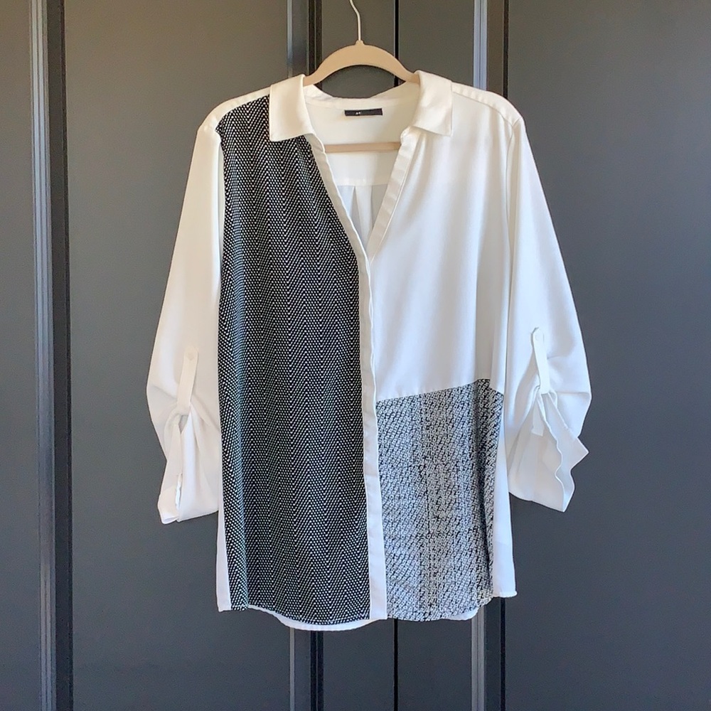 XL Alfani button down white and black color blocked blouse